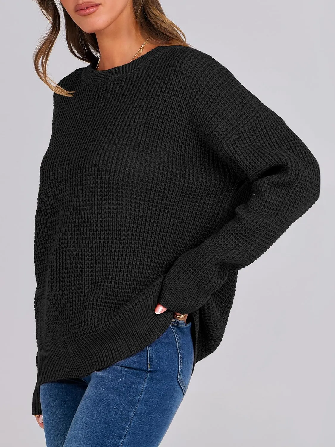 ANRABESS Womens Long Sleeve Oversized Casual Loose Fit Crewneck Waffle Knit Cozy Pullover Sweaters 2025 Fall Fashion