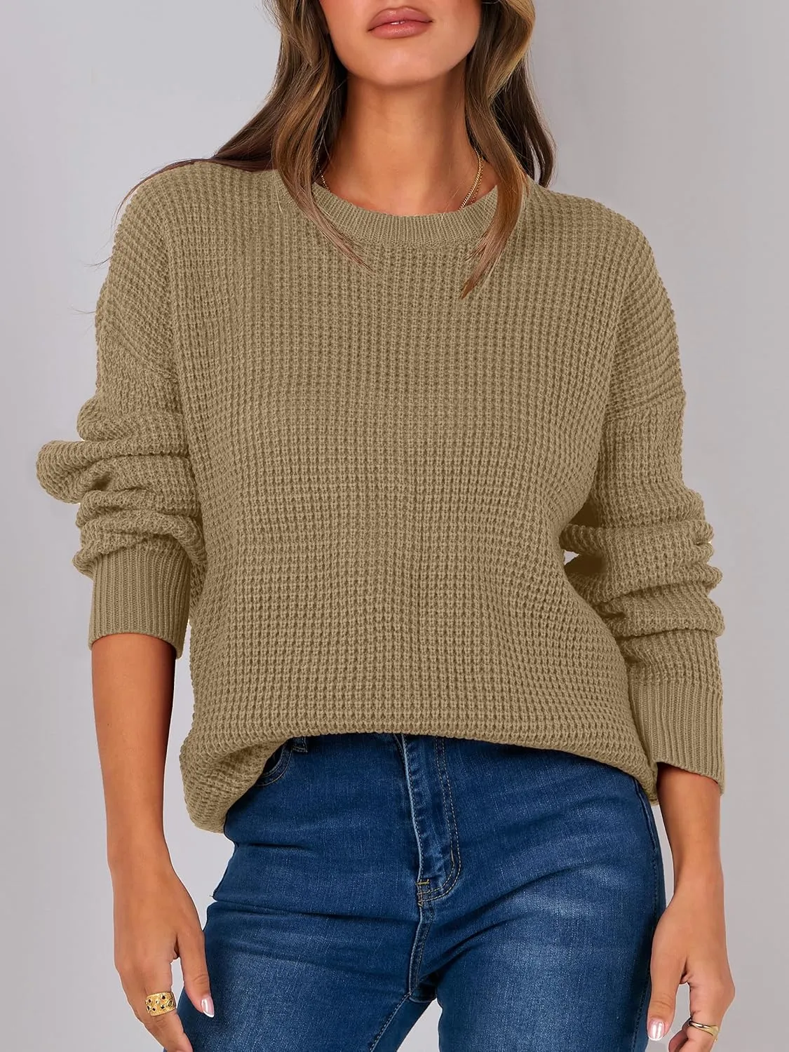 ANRABESS Womens Long Sleeve Oversized Casual Loose Fit Crewneck Waffle Knit Cozy Pullover Sweaters 2025 Fall Fashion