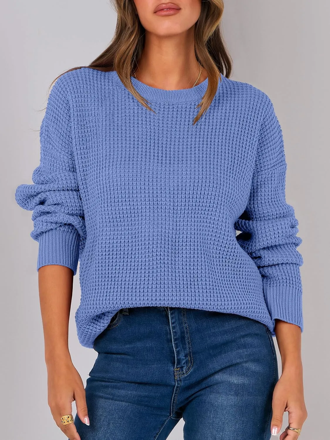 ANRABESS Womens Long Sleeve Oversized Casual Loose Fit Crewneck Waffle Knit Cozy Pullover Sweaters 2025 Fall Fashion