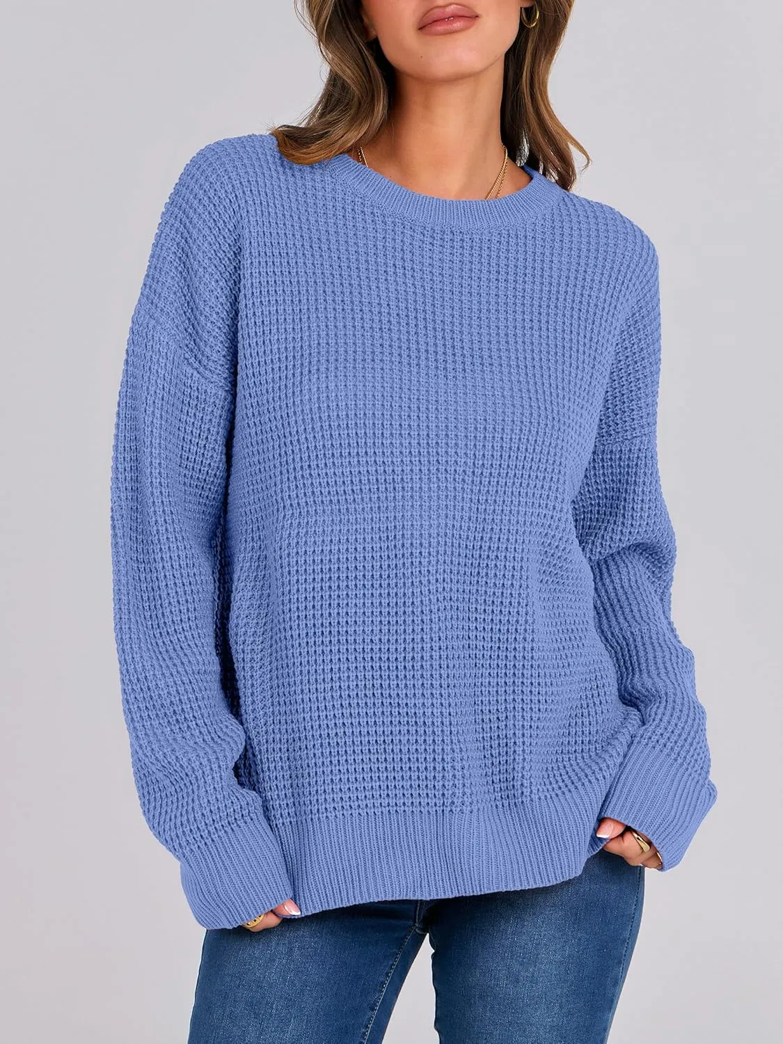 ANRABESS Womens Long Sleeve Oversized Casual Loose Fit Crewneck Waffle Knit Cozy Pullover Sweaters 2025 Fall Fashion