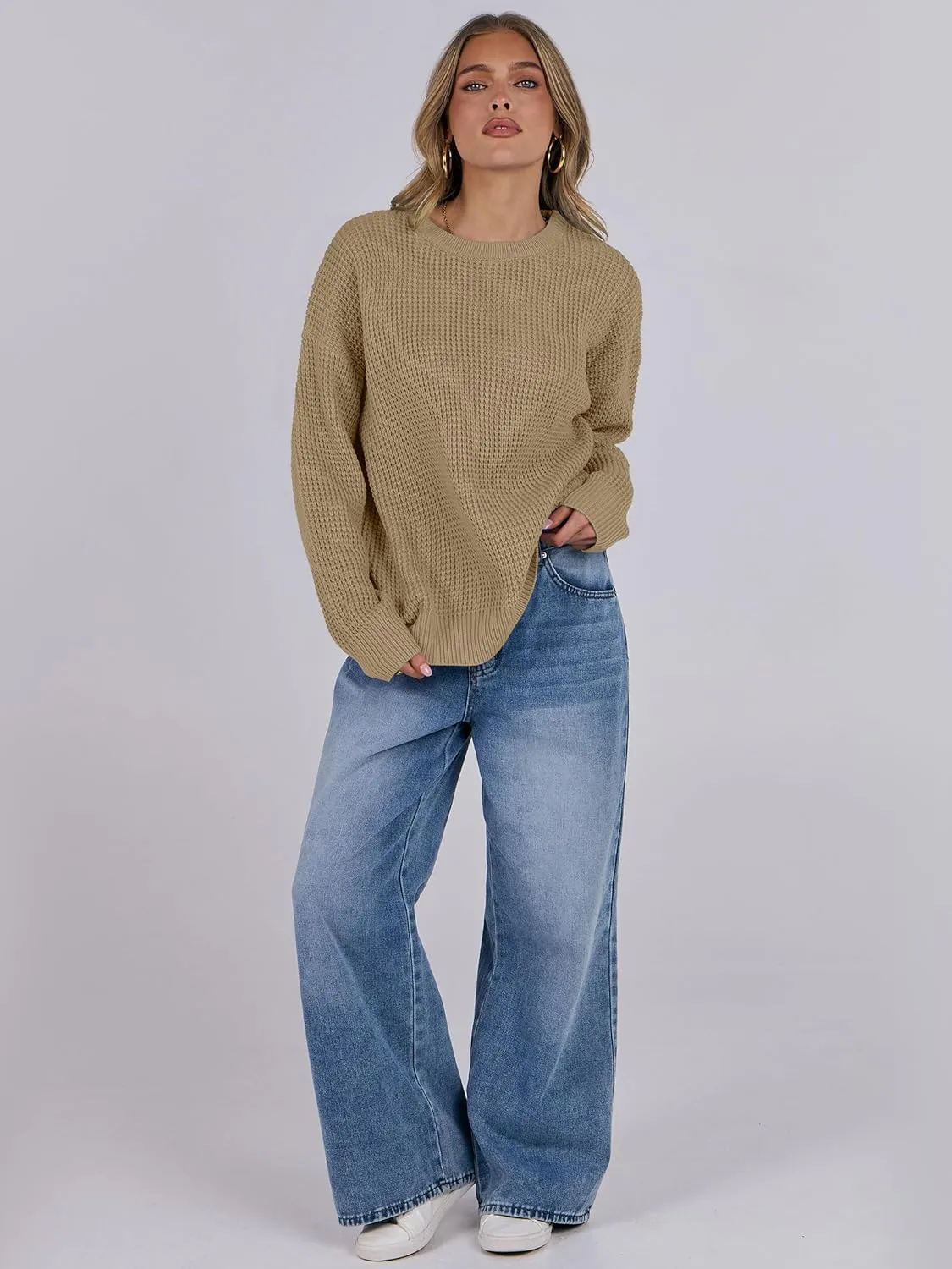 ANRABESS Womens Long Sleeve Oversized Casual Loose Fit Crewneck Waffle Knit Cozy Pullover Sweaters 2025 Fall Fashion