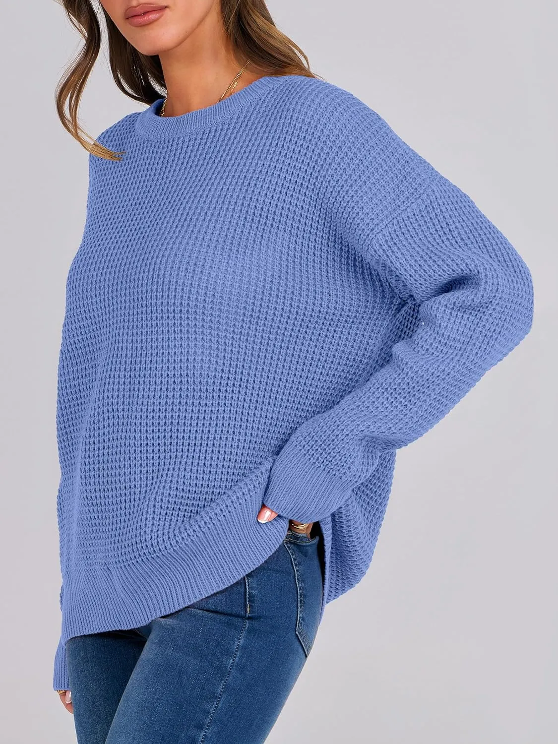 ANRABESS Womens Long Sleeve Oversized Casual Loose Fit Crewneck Waffle Knit Cozy Pullover Sweaters 2025 Fall Fashion