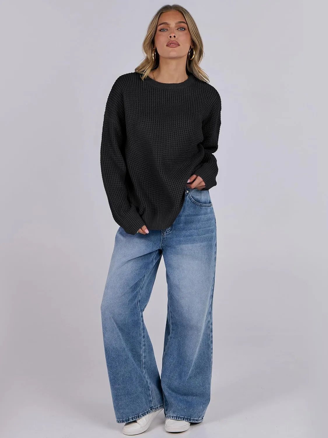ANRABESS Womens Long Sleeve Oversized Casual Loose Fit Crewneck Waffle Knit Cozy Pullover Sweaters 2025 Fall Fashion