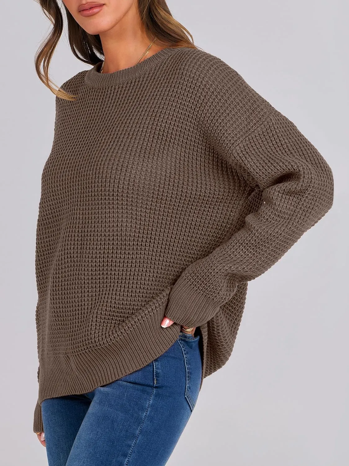 ANRABESS Womens Long Sleeve Oversized Casual Loose Fit Crewneck Waffle Knit Cozy Pullover Sweaters 2025 Fall Fashion