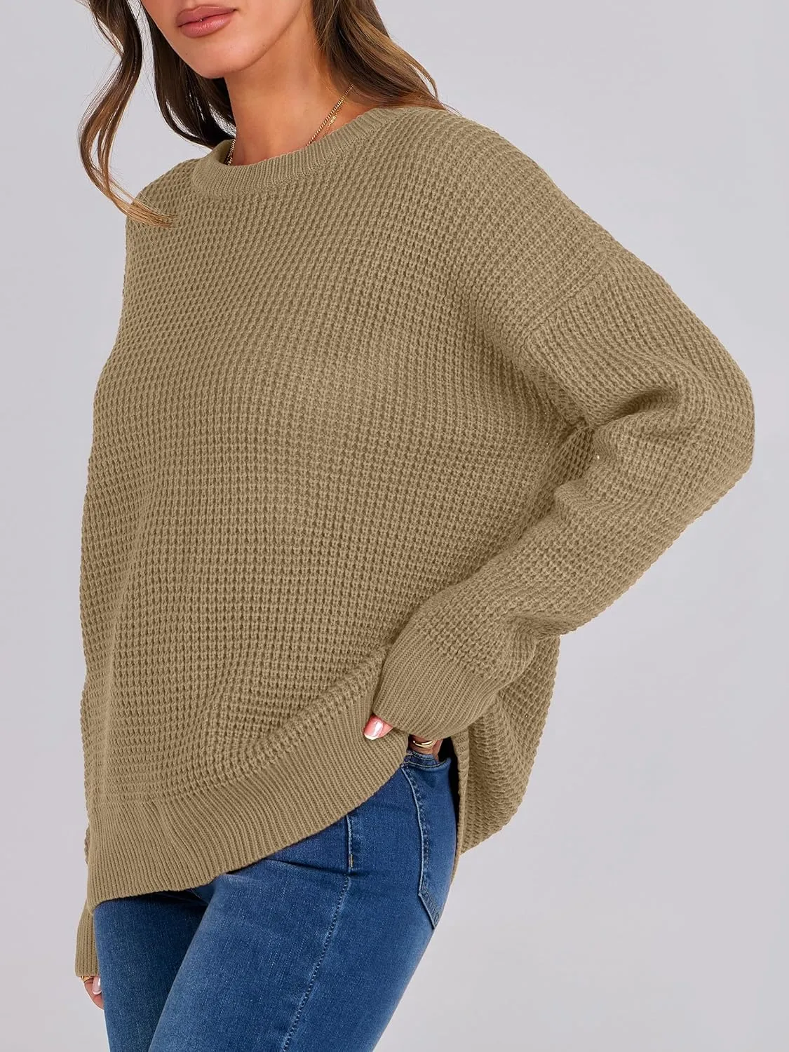 ANRABESS Womens Long Sleeve Oversized Casual Loose Fit Crewneck Waffle Knit Cozy Pullover Sweaters 2025 Fall Fashion
