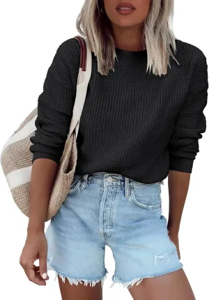 ANRABESS Womens Long Sleeve Oversized Casual Loose Fit Crewneck Waffle Knit Cozy Pullover Sweaters 2025 Fall Fashion