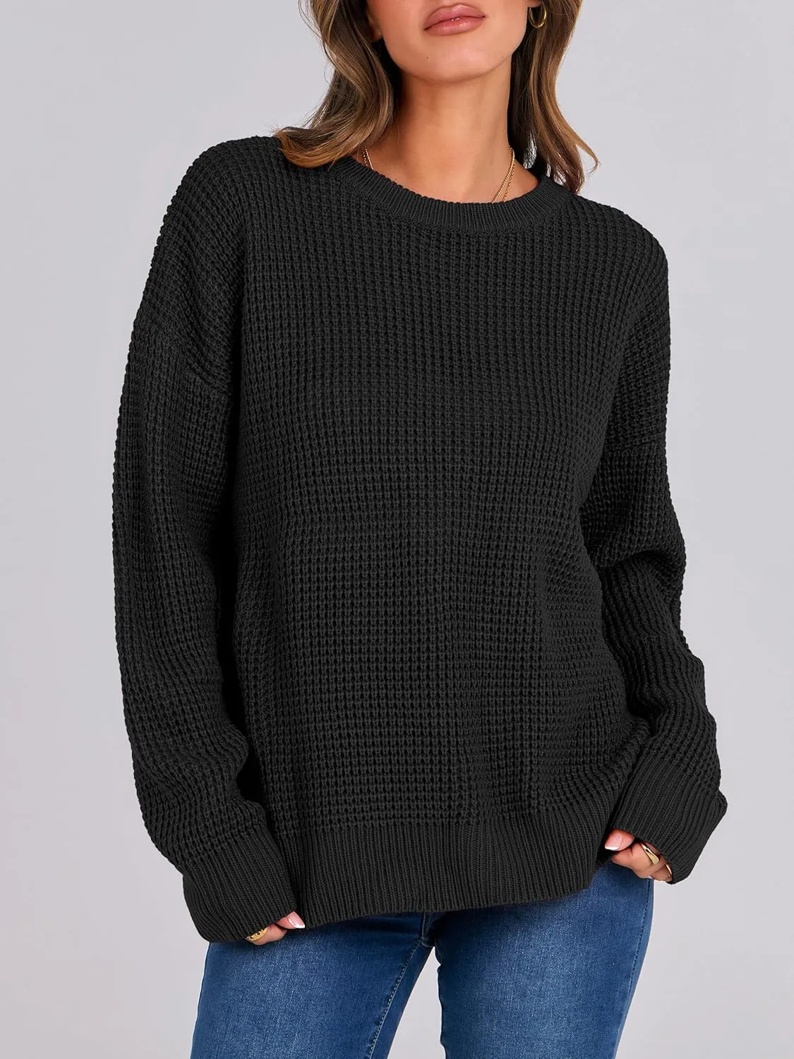 ANRABESS Womens Long Sleeve Oversized Casual Loose Fit Crewneck Waffle Knit Cozy Pullover Sweaters 2025 Fall Fashion