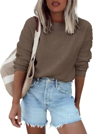 ANRABESS Womens Long Sleeve Oversized Casual Loose Fit Crewneck Waffle Knit Cozy Pullover Sweaters 2025 Fall Fashion