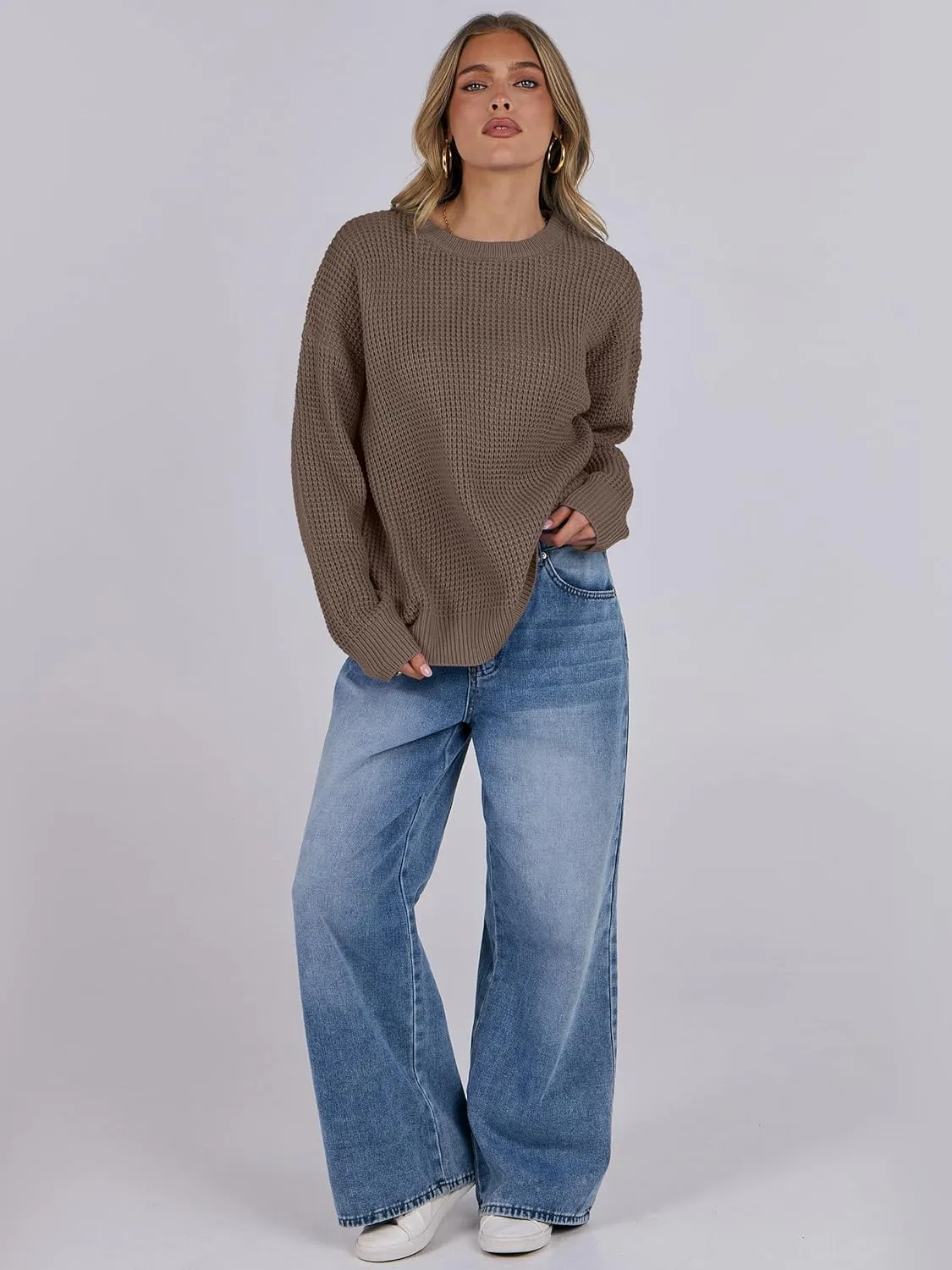 ANRABESS Womens Long Sleeve Oversized Casual Loose Fit Crewneck Waffle Knit Cozy Pullover Sweaters 2025 Fall Fashion