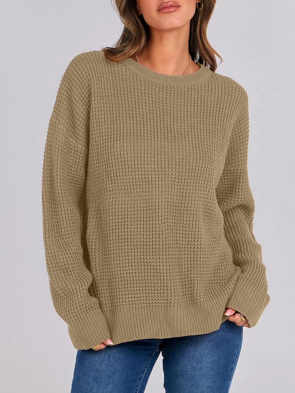 ANRABESS Womens Long Sleeve Oversized Casual Loose Fit Crewneck Waffle Knit Cozy Pullover Sweaters 2025 Fall Fashion
