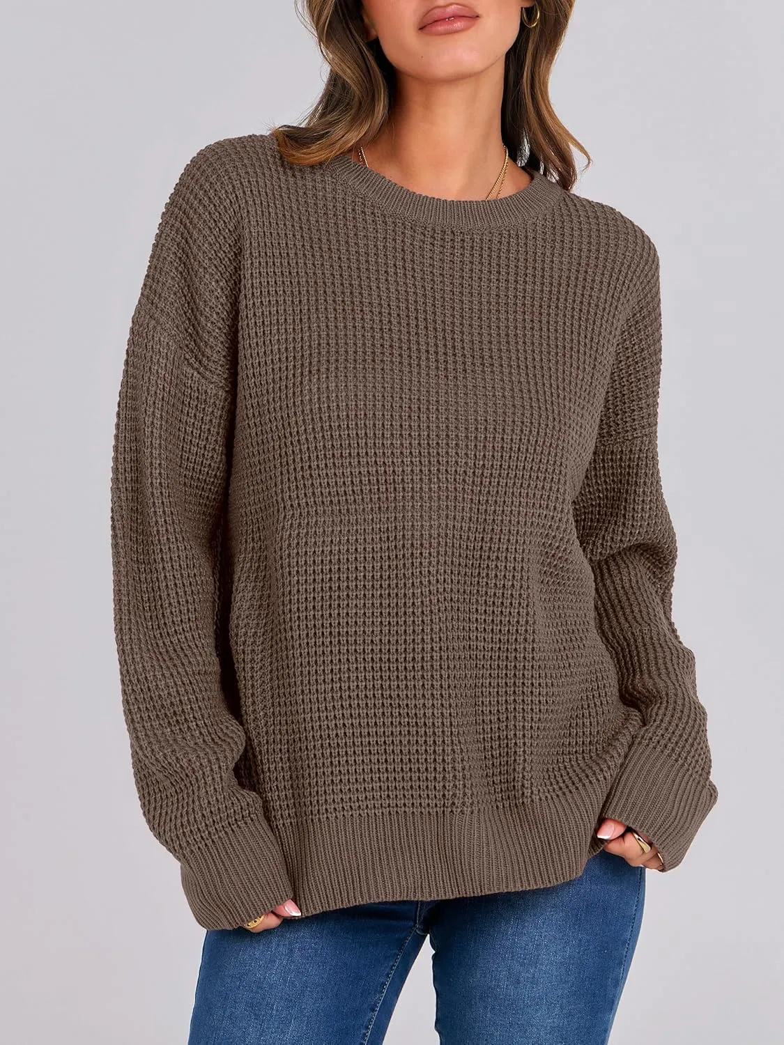 ANRABESS Womens Long Sleeve Oversized Casual Loose Fit Crewneck Waffle Knit Cozy Pullover Sweaters 2025 Fall Fashion
