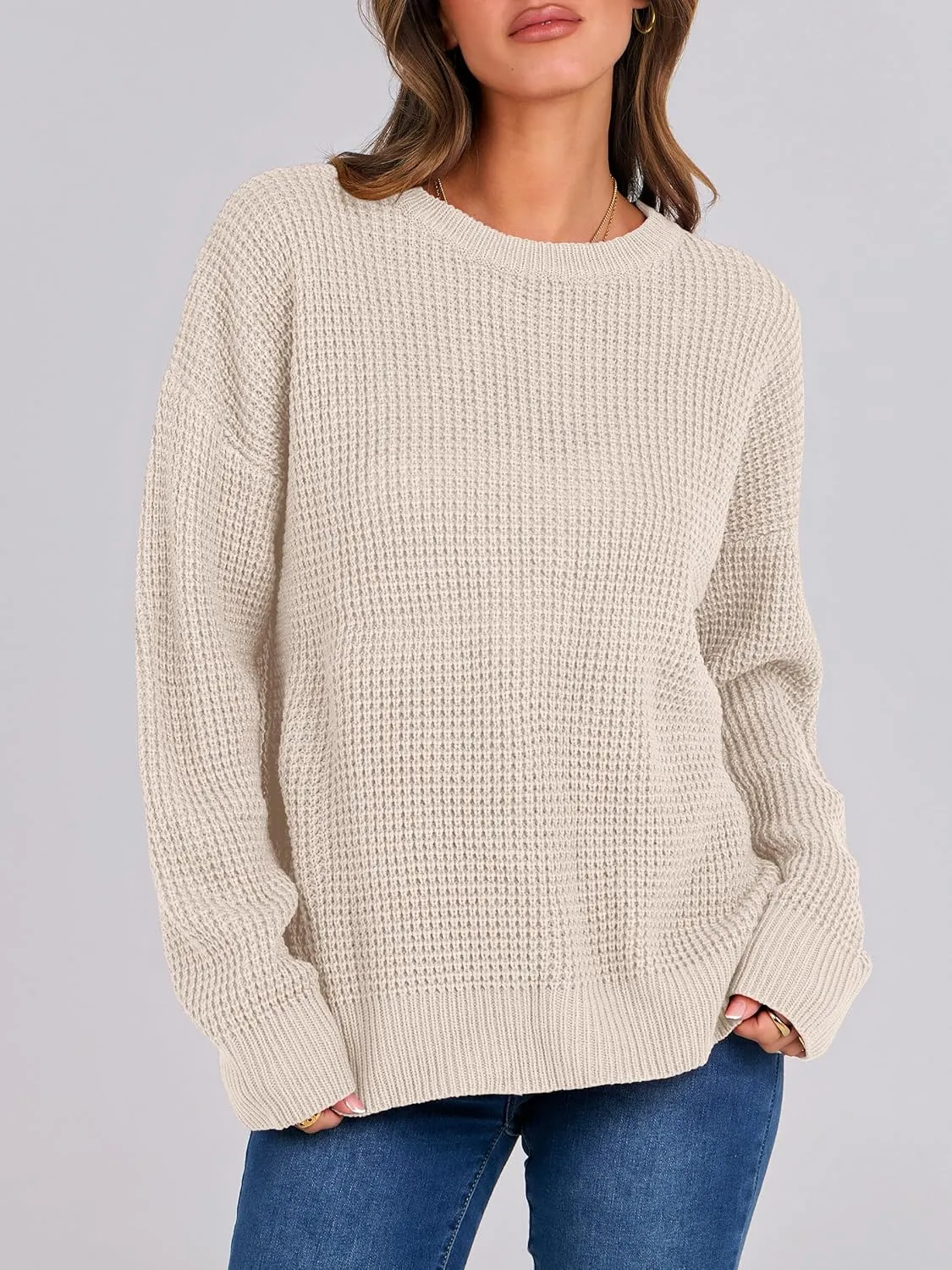 ANRABESS Womens Long Sleeve Oversized Casual Loose Fit Crewneck Waffle Knit Cozy Pullover Sweaters 2025 Fall Fashion