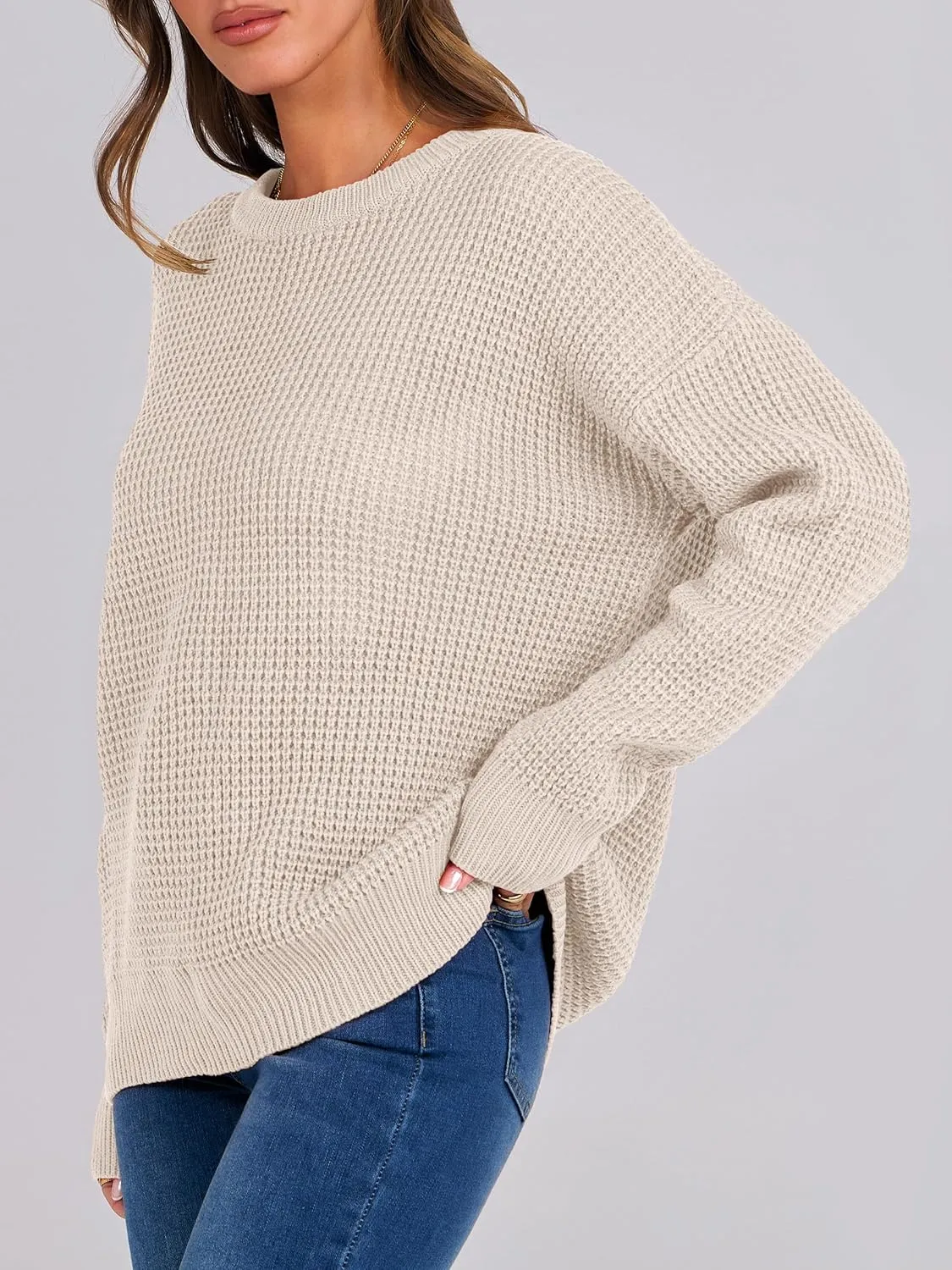 ANRABESS Womens Long Sleeve Oversized Casual Loose Fit Crewneck Waffle Knit Cozy Pullover Sweaters 2025 Fall Fashion