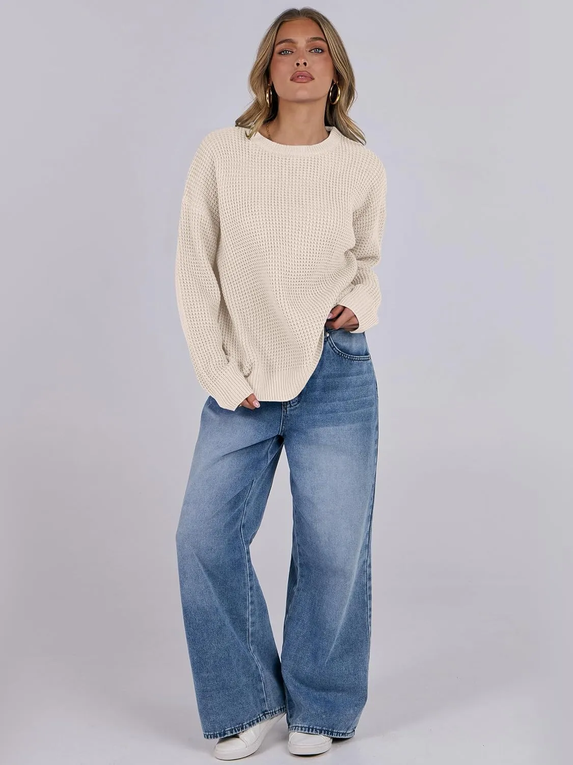 ANRABESS Womens Long Sleeve Oversized Casual Loose Fit Crewneck Waffle Knit Cozy Pullover Sweaters 2025 Fall Fashion