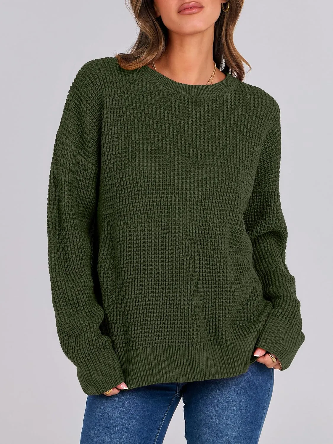 ANRABESS Womens Long Sleeve Oversized Casual Loose Fit Crewneck Waffle Knit Cozy Pullover Sweaters 2025 Fall Fashion