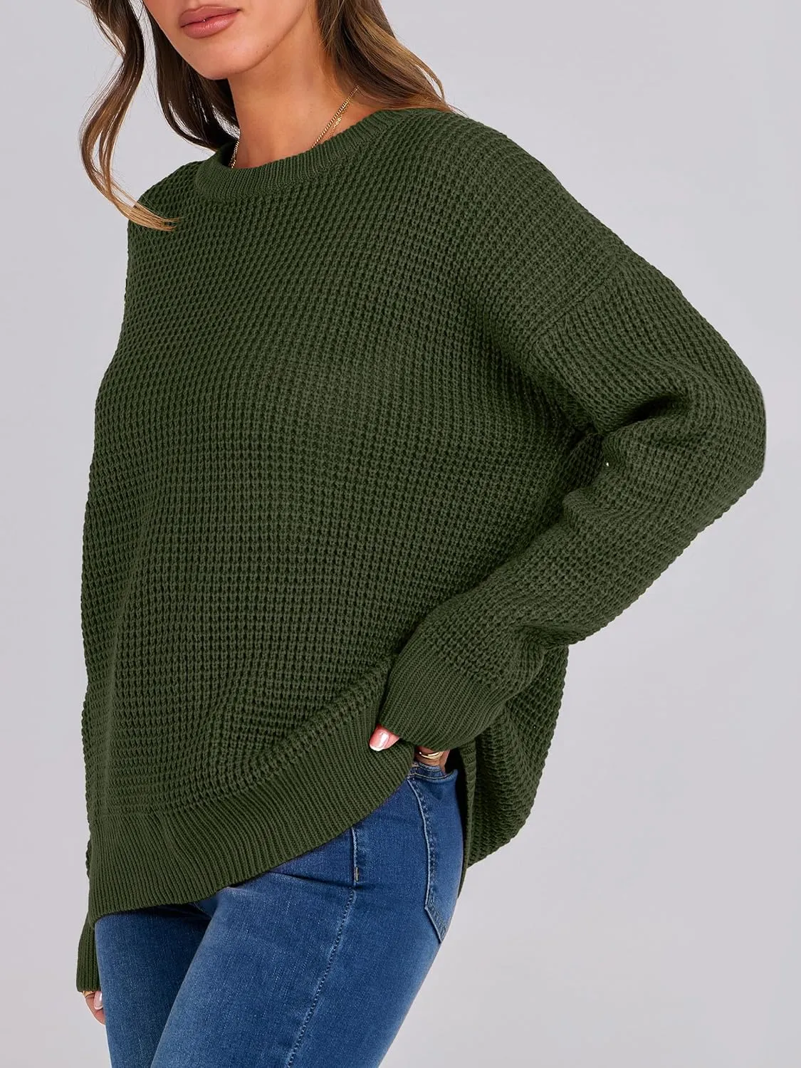 ANRABESS Womens Long Sleeve Oversized Casual Loose Fit Crewneck Waffle Knit Cozy Pullover Sweaters 2025 Fall Fashion