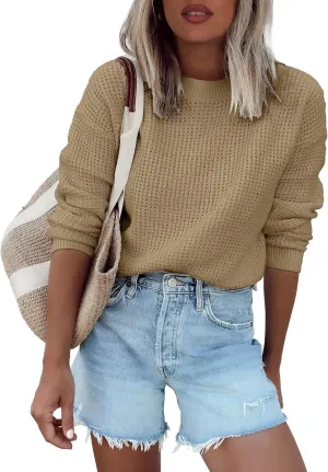 ANRABESS Womens Long Sleeve Oversized Casual Loose Fit Crewneck Waffle Knit Cozy Pullover Sweaters 2025 Fall Fashion