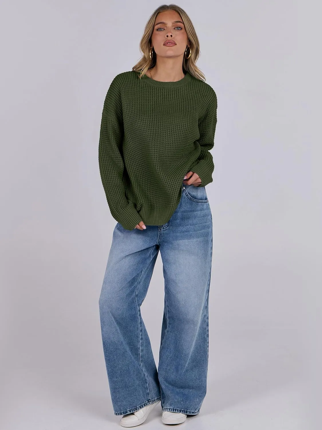 ANRABESS Womens Long Sleeve Oversized Casual Loose Fit Crewneck Waffle Knit Cozy Pullover Sweaters 2025 Fall Fashion