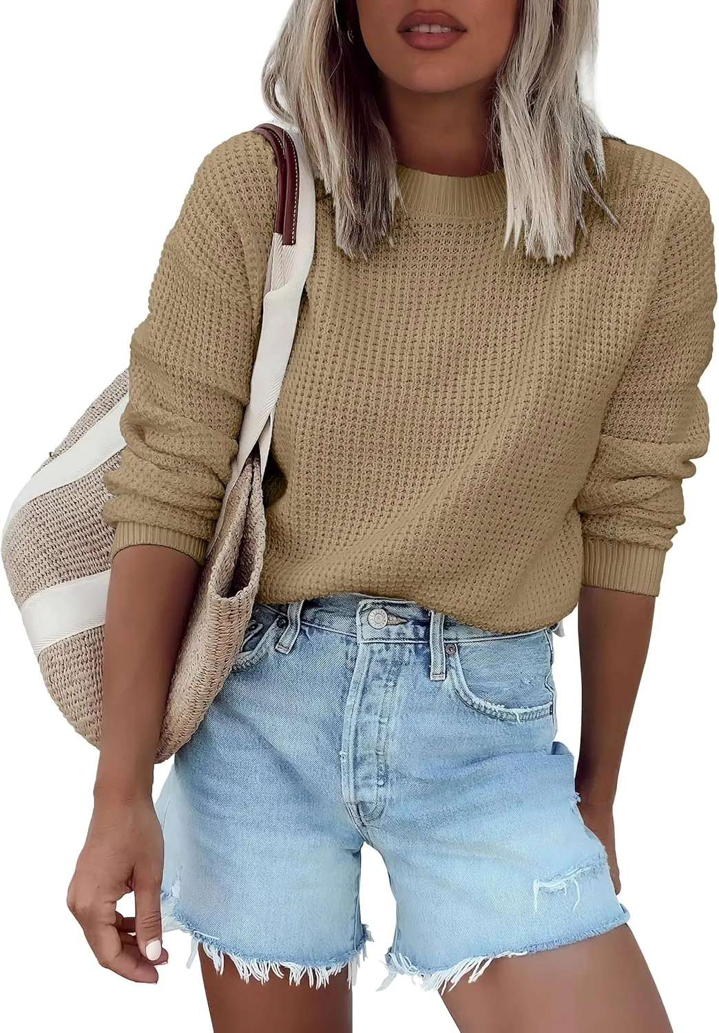 ANRABESS Womens Long Sleeve Oversized Casual Loose Fit Crewneck Waffle Knit Cozy Pullover Sweaters 2025 Fall Fashion