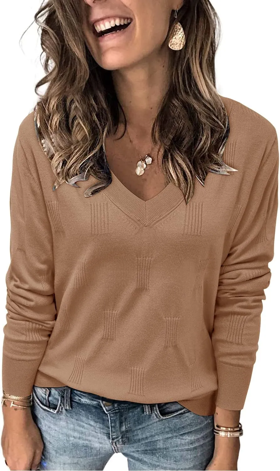 Arach&Cloz Women 2025 Fashion V Neck Long Sleeve Shirts Blouse Knit Casual Pullover Spring Sweater Top Cozy Clouds XS-3XL