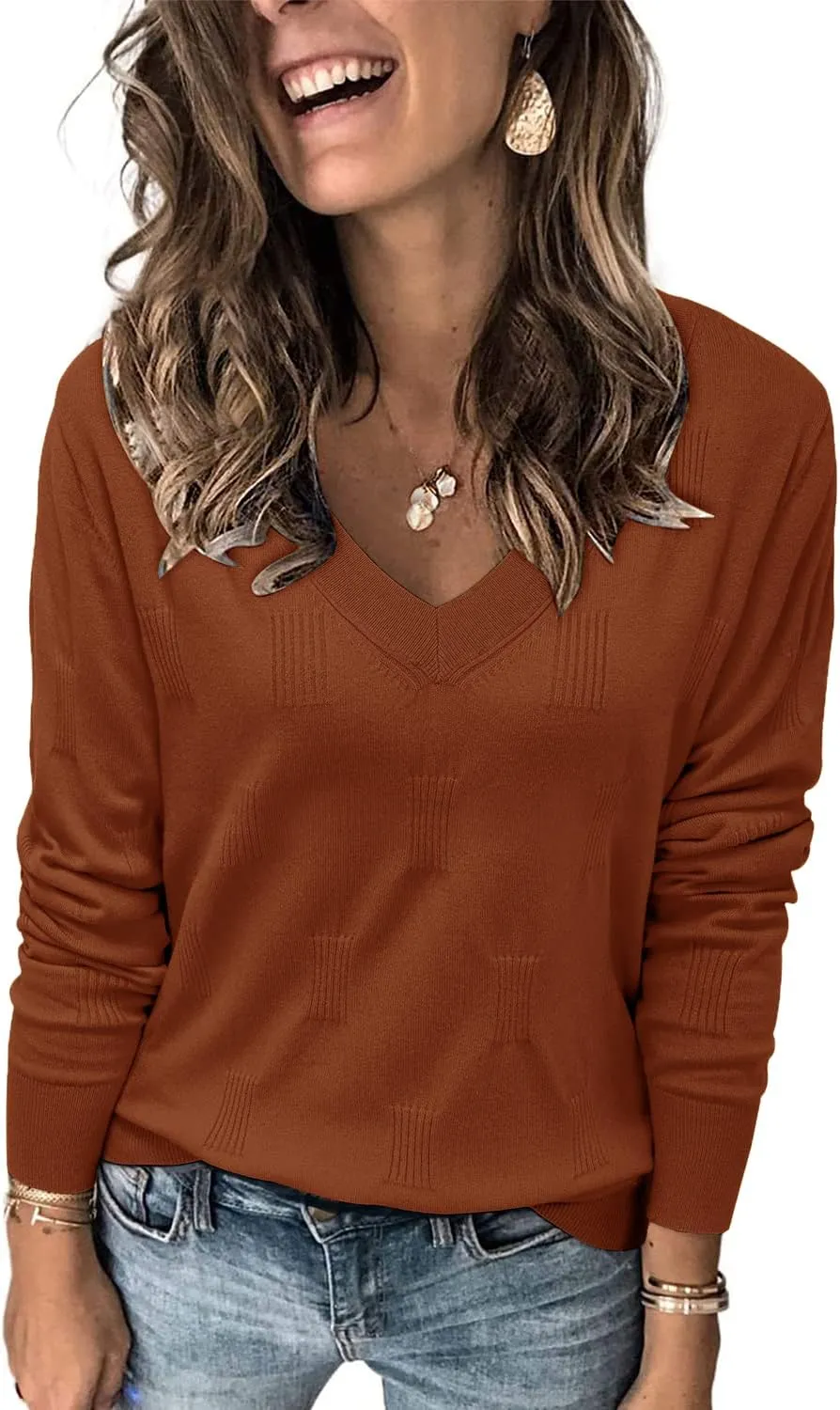 Arach&Cloz Women 2025 Fashion V Neck Long Sleeve Shirts Blouse Knit Casual Pullover Spring Sweater Top Cozy Clouds XS-3XL