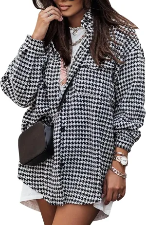 Arssm Plaid Shacket Jacket Women Long Sleeve Oversized Button Down Shirt Houndstooth Flannel Casual Tops