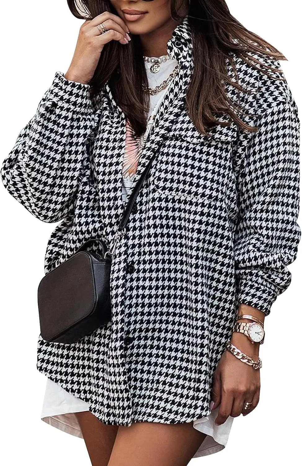 Arssm Plaid Shacket Jacket Women Long Sleeve Oversized Button Down Shirt Houndstooth Flannel Casual Tops