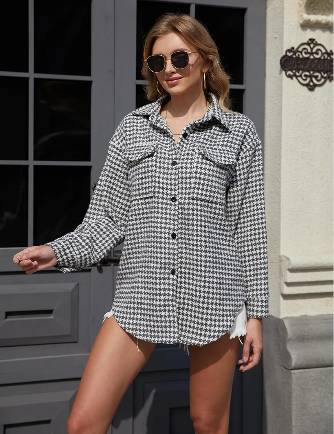 Arssm Plaid Shacket Jacket Women Long Sleeve Oversized Button Down Shirt Houndstooth Flannel Casual Tops