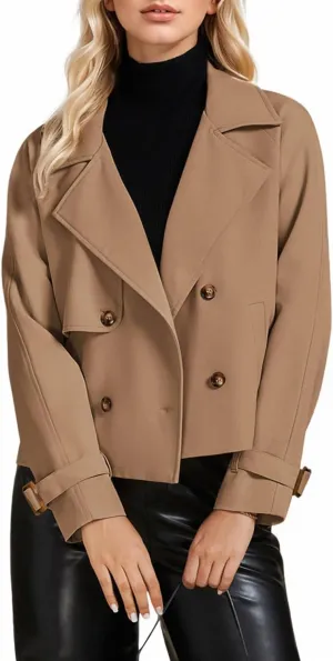 ASHER FASHION Cropped Trench Coat for Women, Fall Jackets for Women 2024, Long Sleeve Double Breasted Notched Lapel Casual
