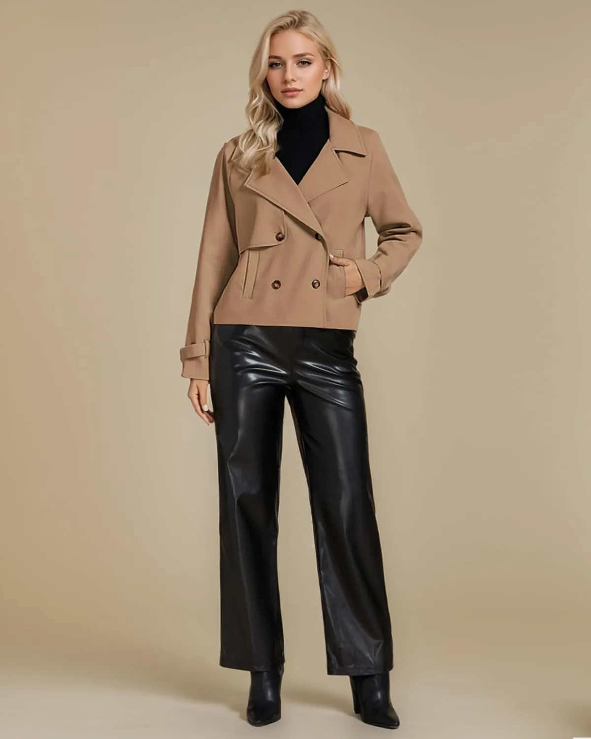 ASHER FASHION Cropped Trench Coat for Women, Fall Jackets for Women 2024, Long Sleeve Double Breasted Notched Lapel Casual