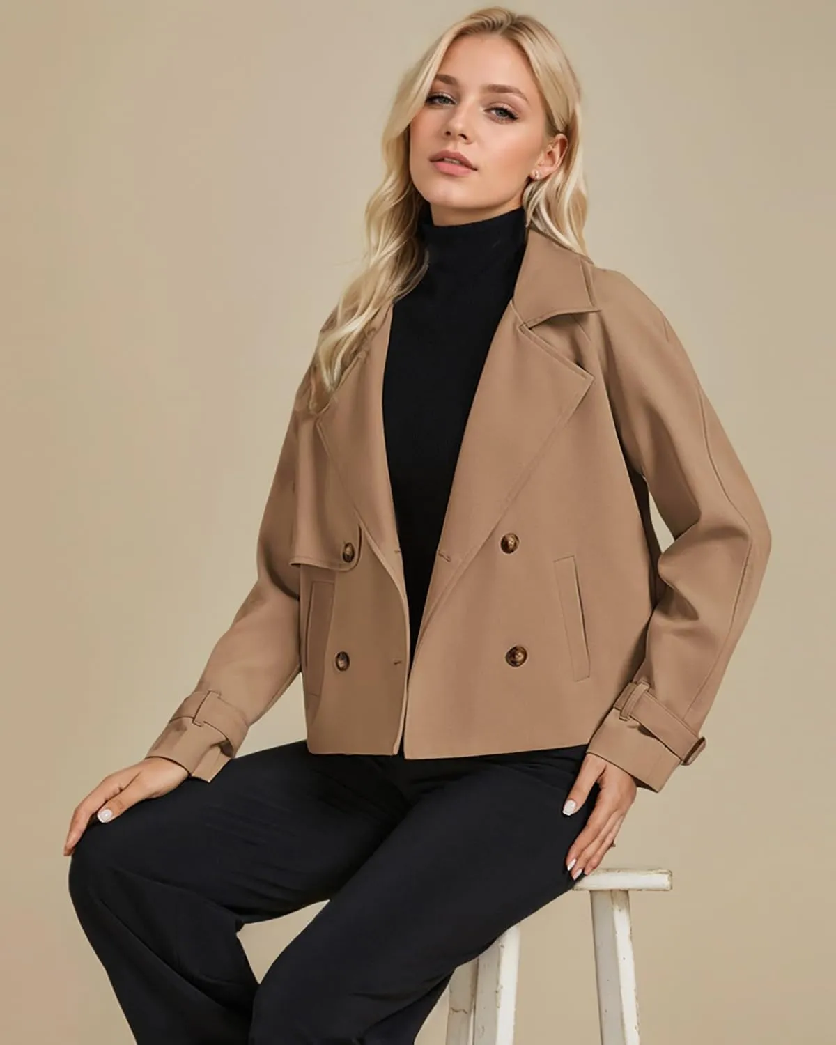 ASHER FASHION Cropped Trench Coat for Women, Fall Jackets for Women 2024, Long Sleeve Double Breasted Notched Lapel Casual