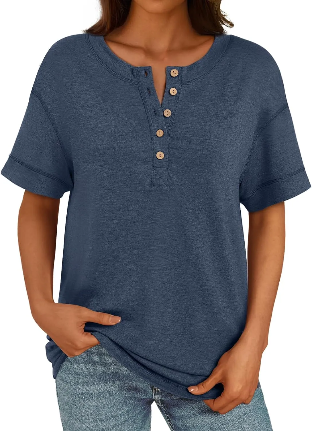 AUTOMET Womens Short Sleeve Henley Shirts Summer Dressy Casual Flowy Tops Loose Fit Basic Trendy Fashion Blouses 2025