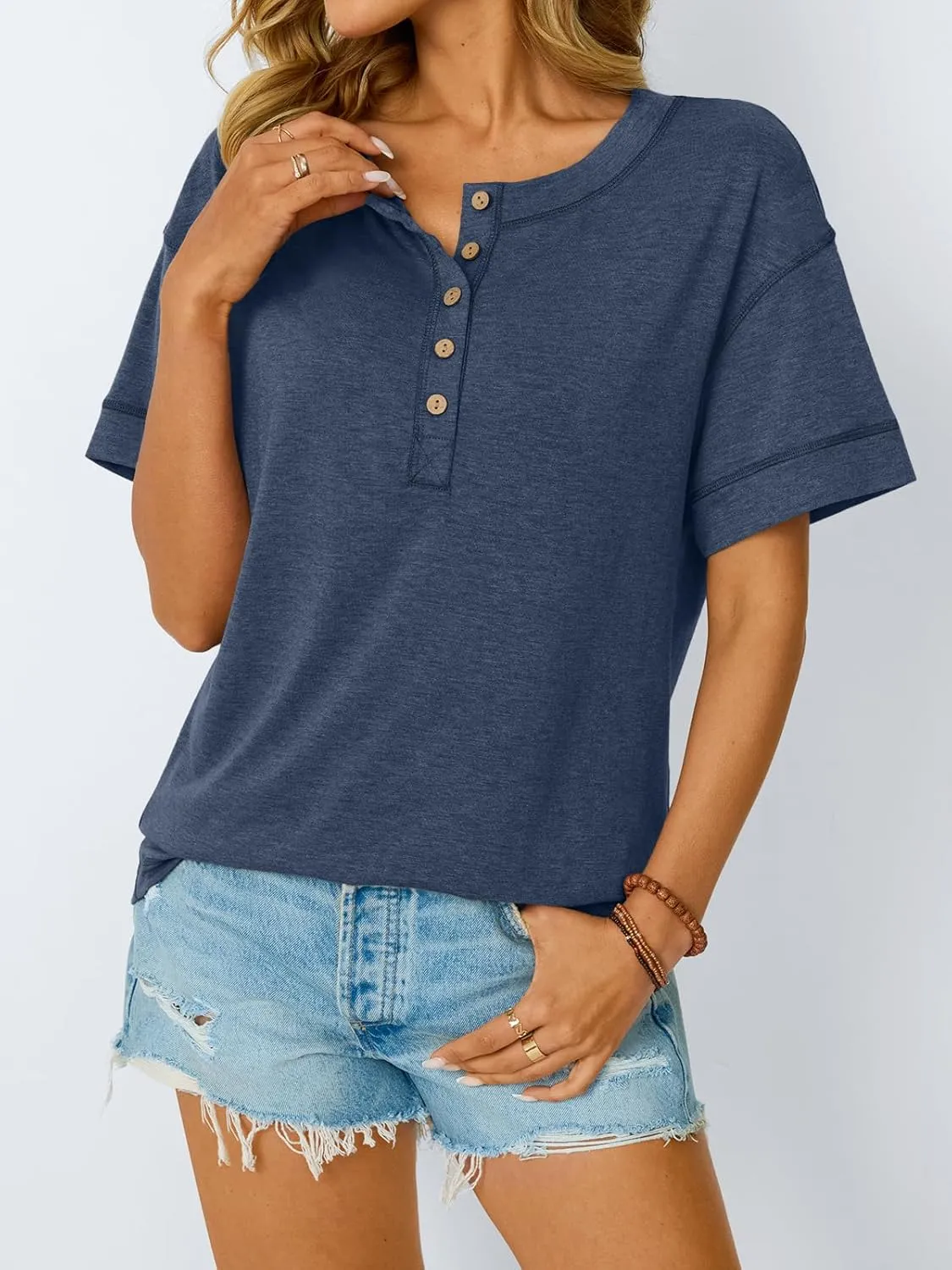 AUTOMET Womens Short Sleeve Henley Shirts Summer Dressy Casual Flowy Tops Loose Fit Basic Trendy Fashion Blouses 2025