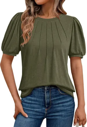 AUTOMET Womens Summer Tops Short Sleeve Shirts Business Casual Outfits Puff Dressy Blouses Spring Clothes 2025