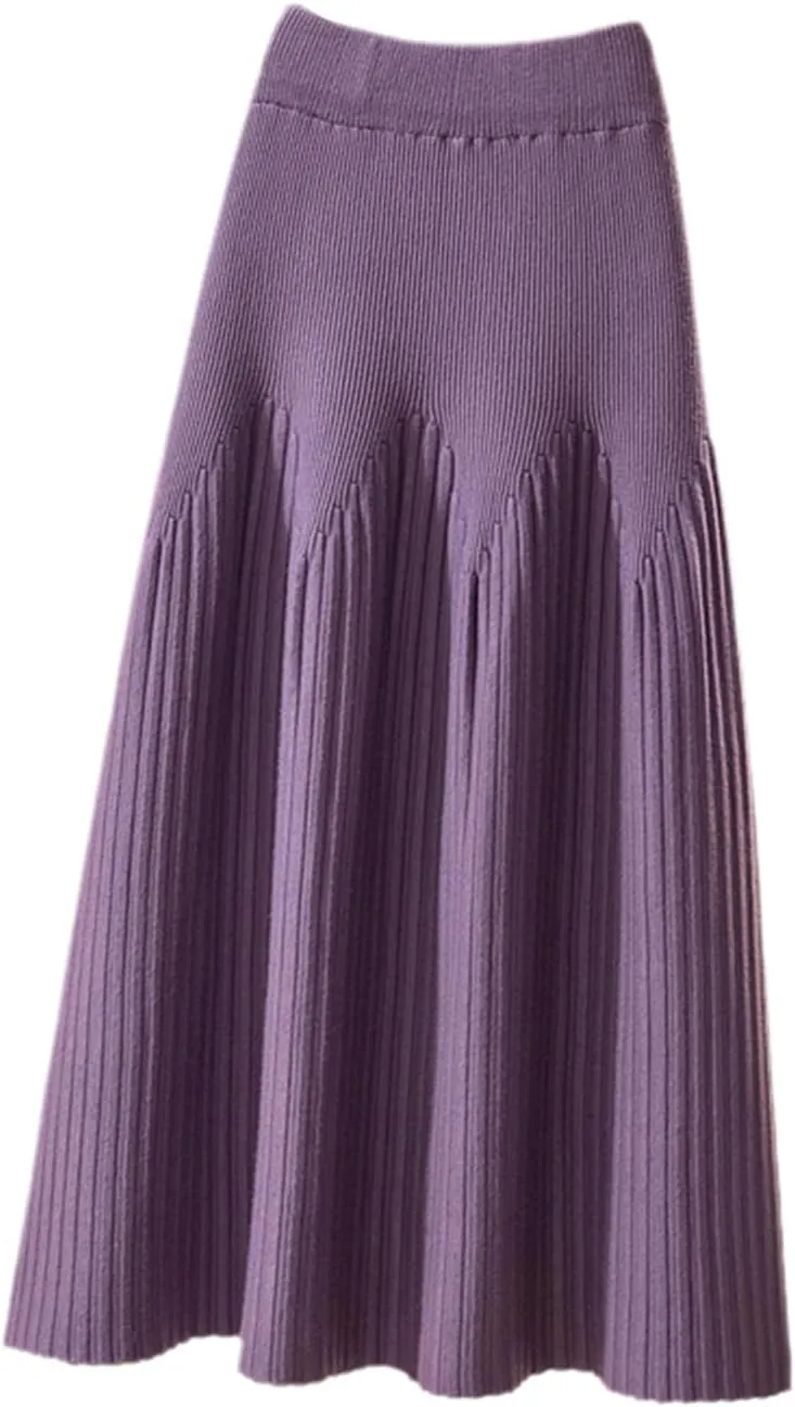 Autumn Winter Knitted Skirt Women Casual Solid All-Match A Line High Waist Pleated Midi Long Skirt