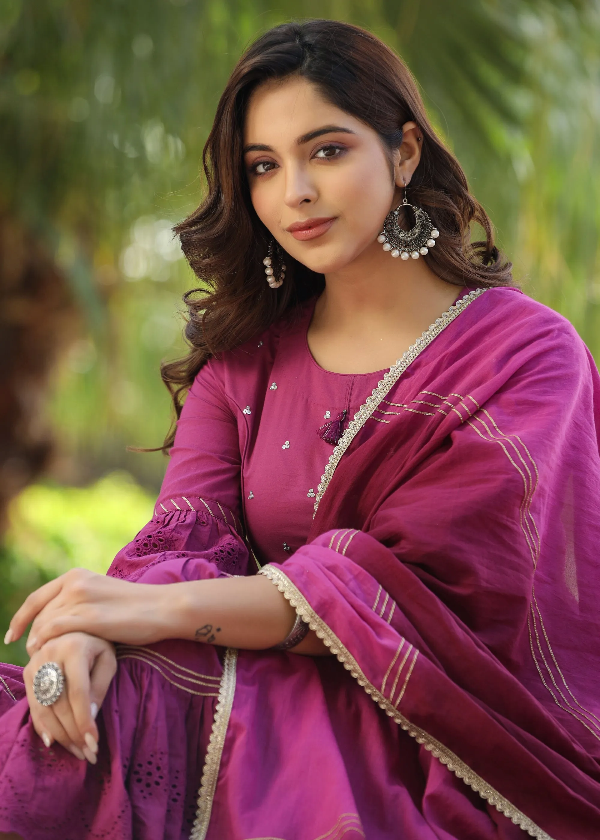 Avisha Wine Gota Lace Kurta With Sharara & Tie-Dye Dupatta