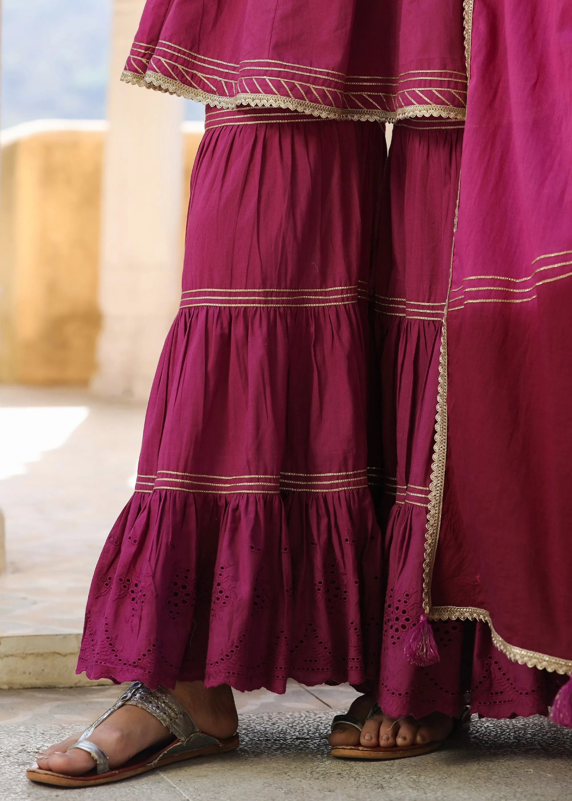 Avisha Wine Gota Lace Kurta With Sharara & Tie-Dye Dupatta