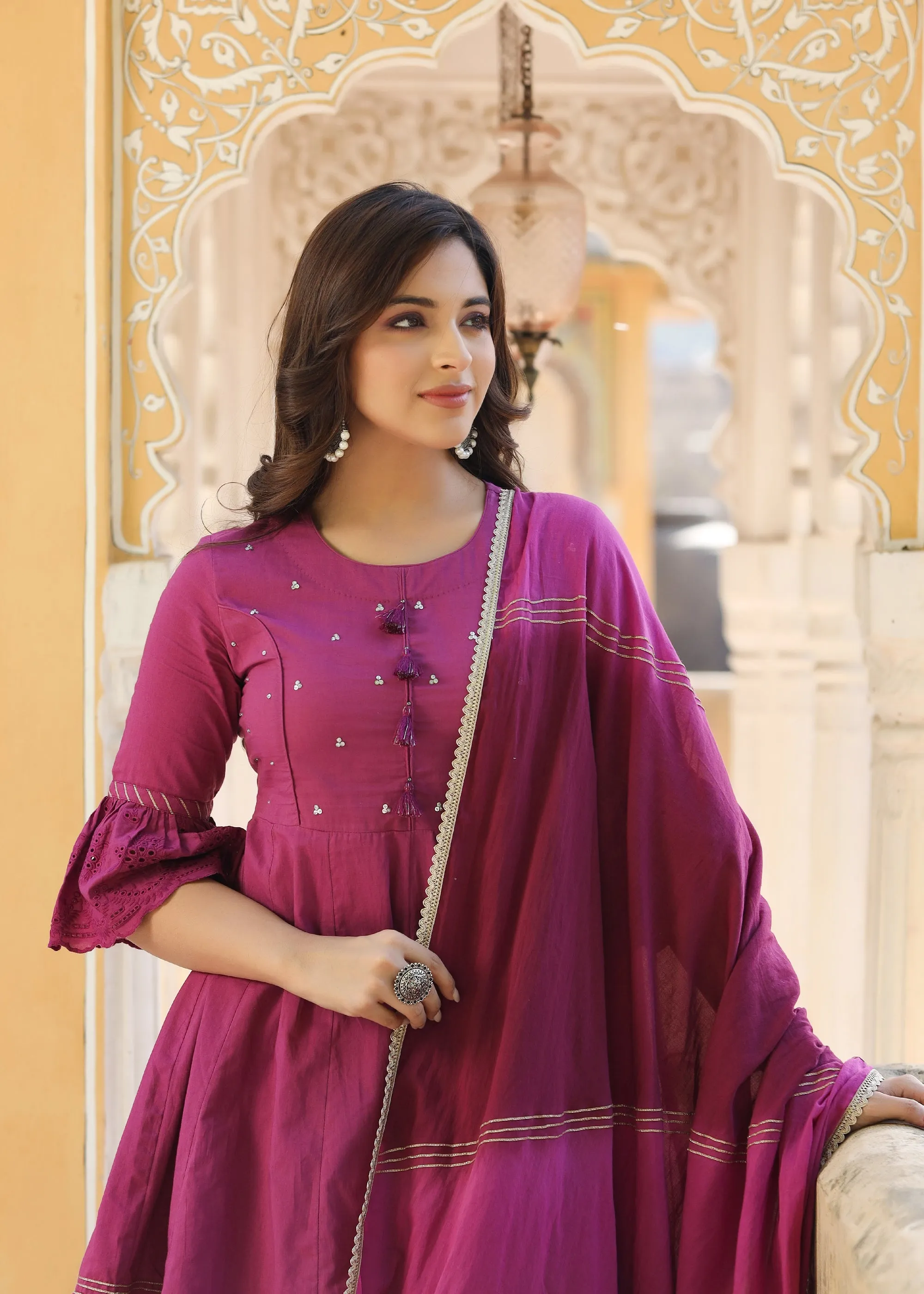 Avisha Wine Gota Lace Kurta With Sharara & Tie-Dye Dupatta