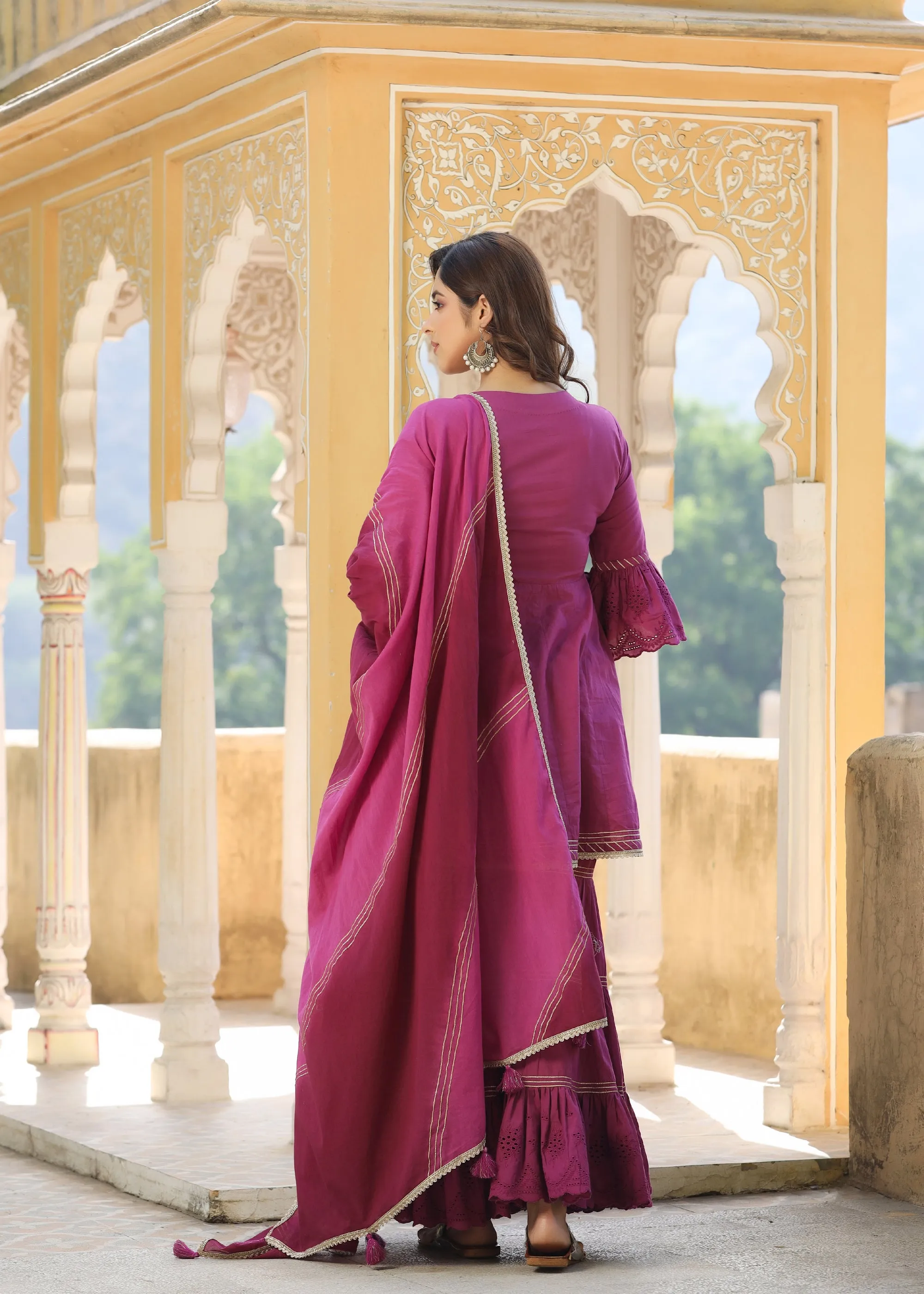 Avisha Wine Gota Lace Kurta With Sharara & Tie-Dye Dupatta