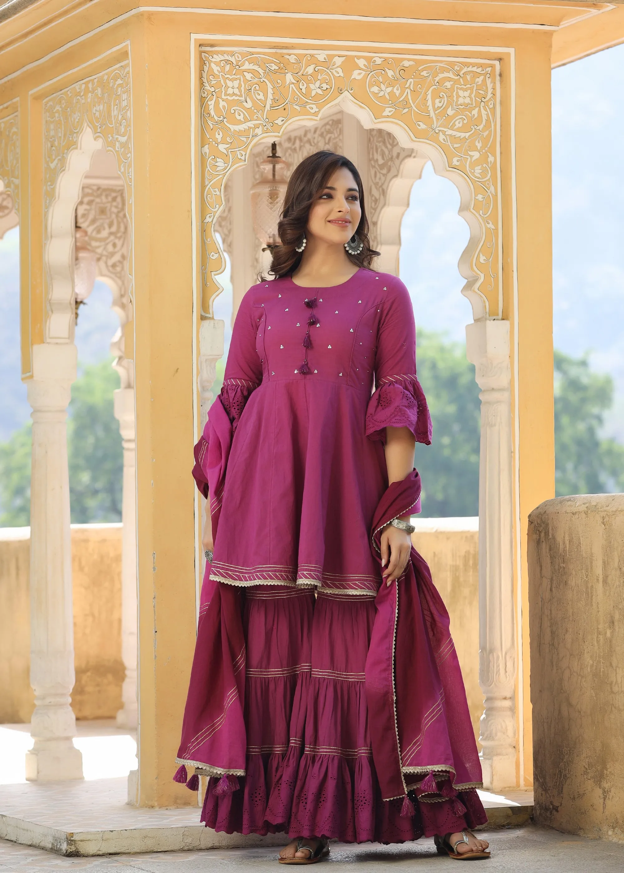 Avisha Wine Gota Lace Kurta With Sharara & Tie-Dye Dupatta