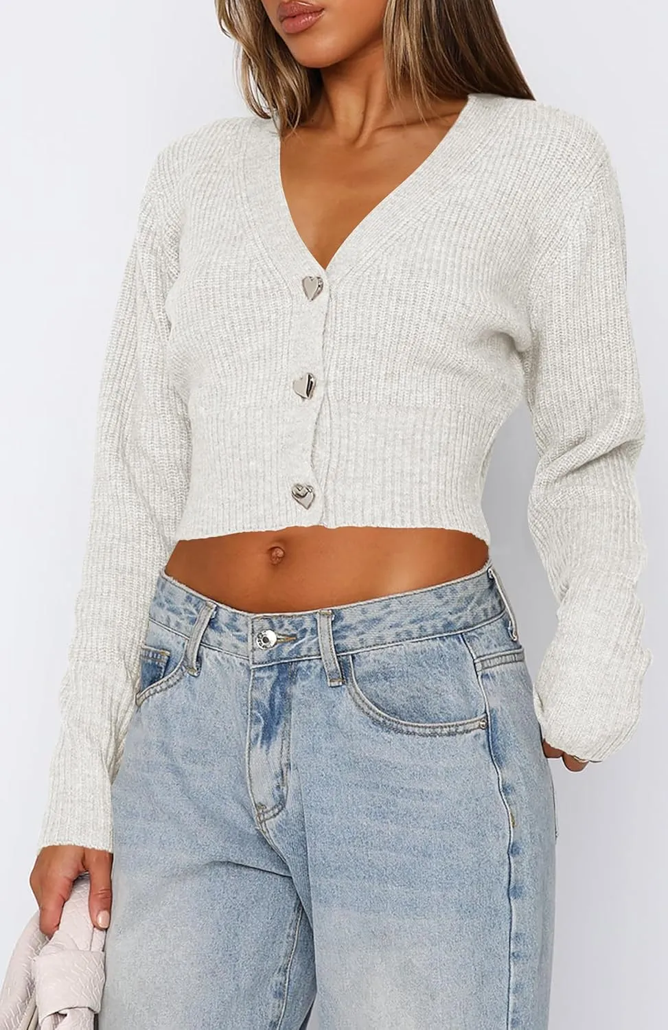 Balimtoy Cropped Cardigan Sweaters for Women Long Sleeve V Neck Knit Short Cardigan Button Up Sweater Trendy Fall Outfits