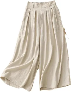Bciopll Women's Summer Casual Loose Wide Legs Pants Elastic Waist Pleated Cropped Cotton Linen Ankle Trouser
