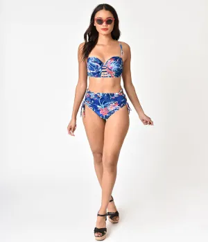 Betsey Johnson Blue Velvet & Floral Print Midnight Garden Too High Waist Swim Bottom