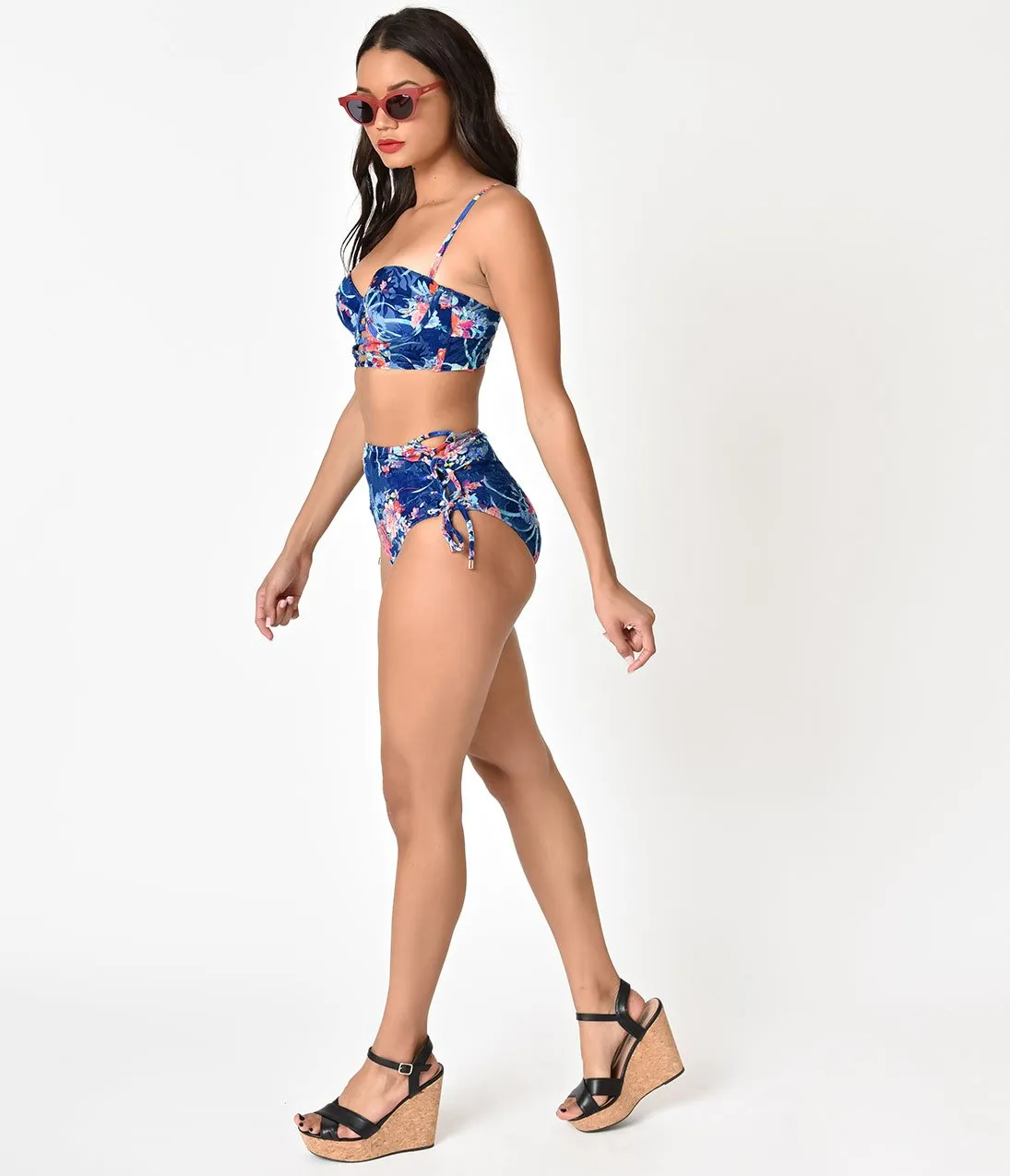 Betsey Johnson Blue Velvet & Floral Print Midnight Garden Too High Waist Swim Bottom