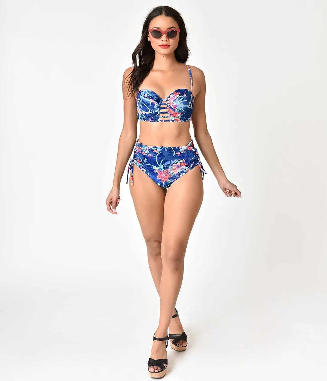 Betsey Johnson Blue Velvet & Floral Print Midnight Garden Too High Waist Swim Bottom