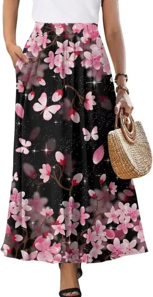 Biyejit Maxi Skirts for Women with Pockets Casual Long Skirt Midi Length Casual Skirt for Beach Party Holiday