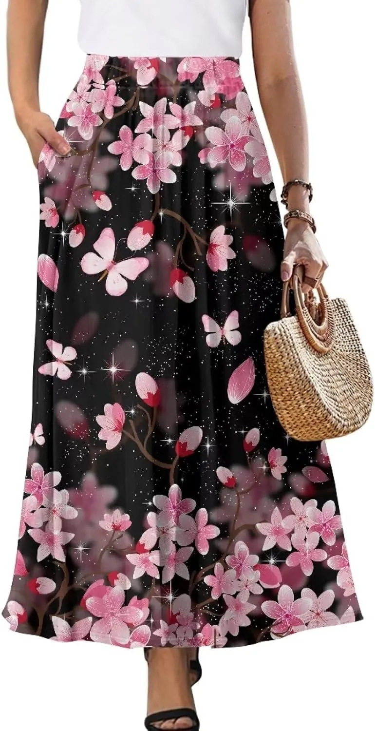 Biyejit Maxi Skirts for Women with Pockets Casual Long Skirt Midi Length Casual Skirt for Beach Party Holiday