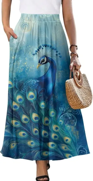 Biyejit Maxi Skirts for Women with Pockets Casual Long Skirt Midi Length Casual Skirt for Beach Party Holiday
