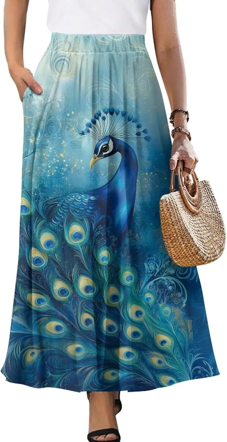 Biyejit Maxi Skirts for Women with Pockets Casual Long Skirt Midi Length Casual Skirt for Beach Party Holiday