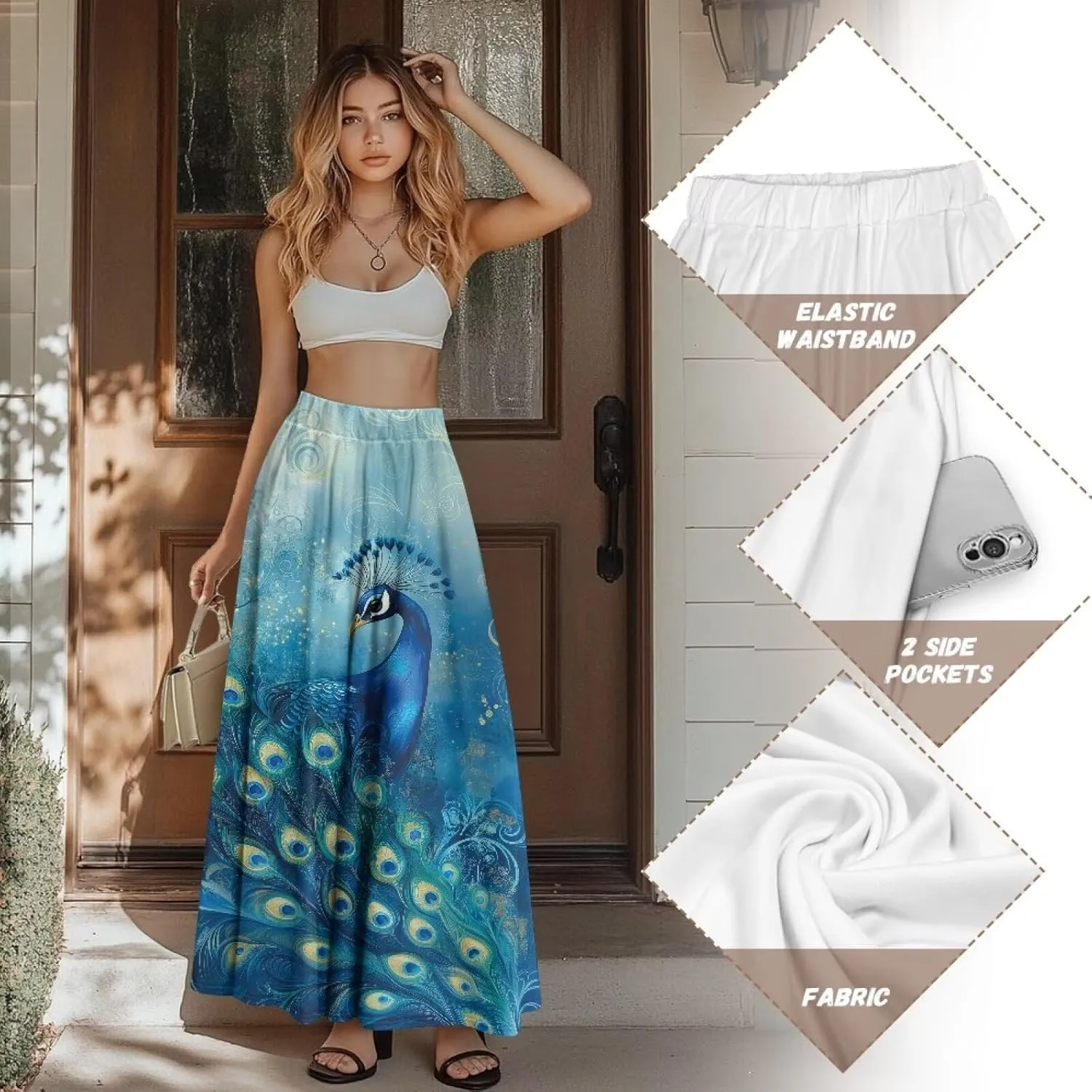 Biyejit Maxi Skirts for Women with Pockets Casual Long Skirt Midi Length Casual Skirt for Beach Party Holiday
